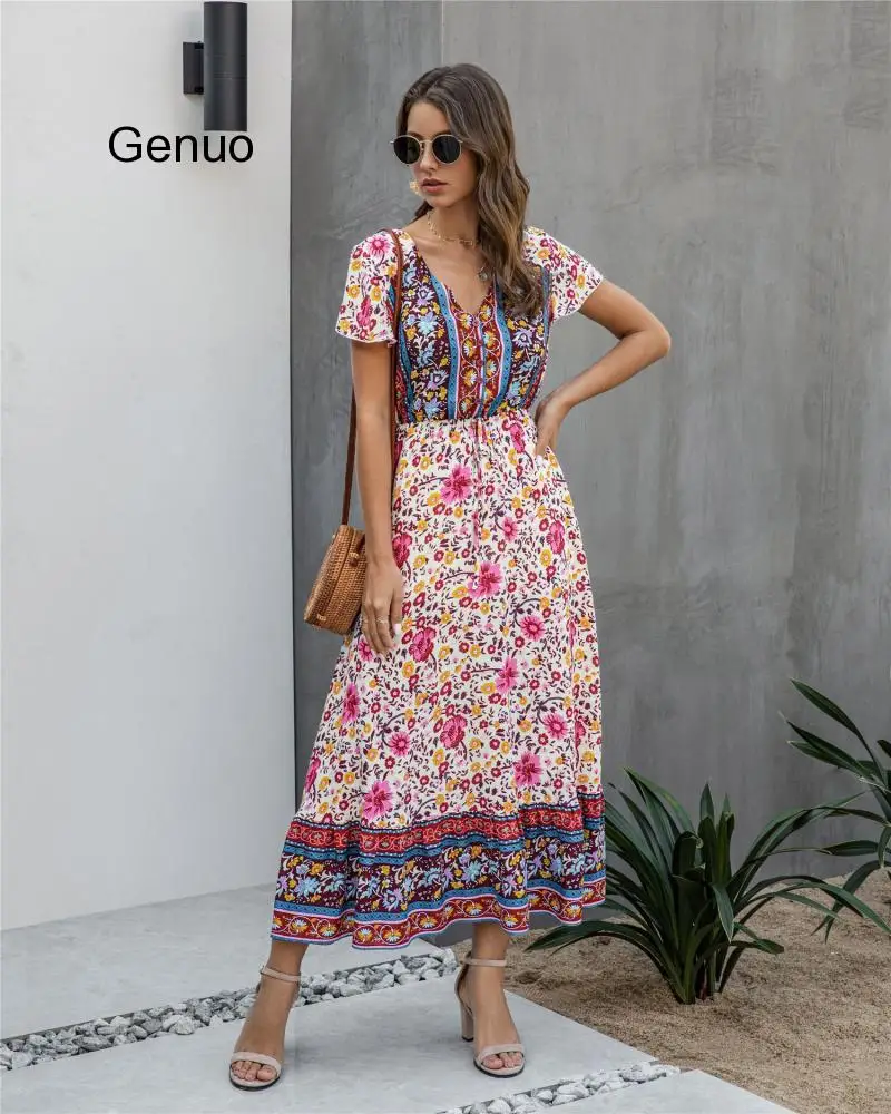 2020 Summer Fashion Print Boho Beach Dress V-neck Short-sleeved Tether European And American Style Long Female Dress