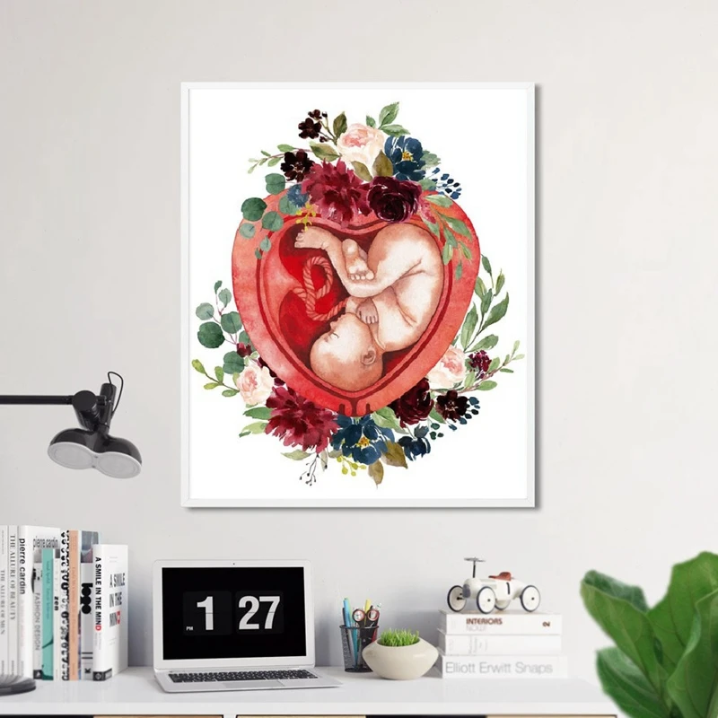 Беременность акварелью цветочный принт стены Искусство акушерка подарок гинеколог дула медицинский образовательный плакат Холст Картина Настенный декор