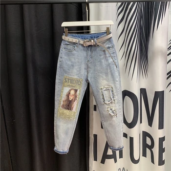 

womens Jeans Female Summer High Waist Hole Stickers ripped jeans Ins Temperament girls ladies denim pants jean pants