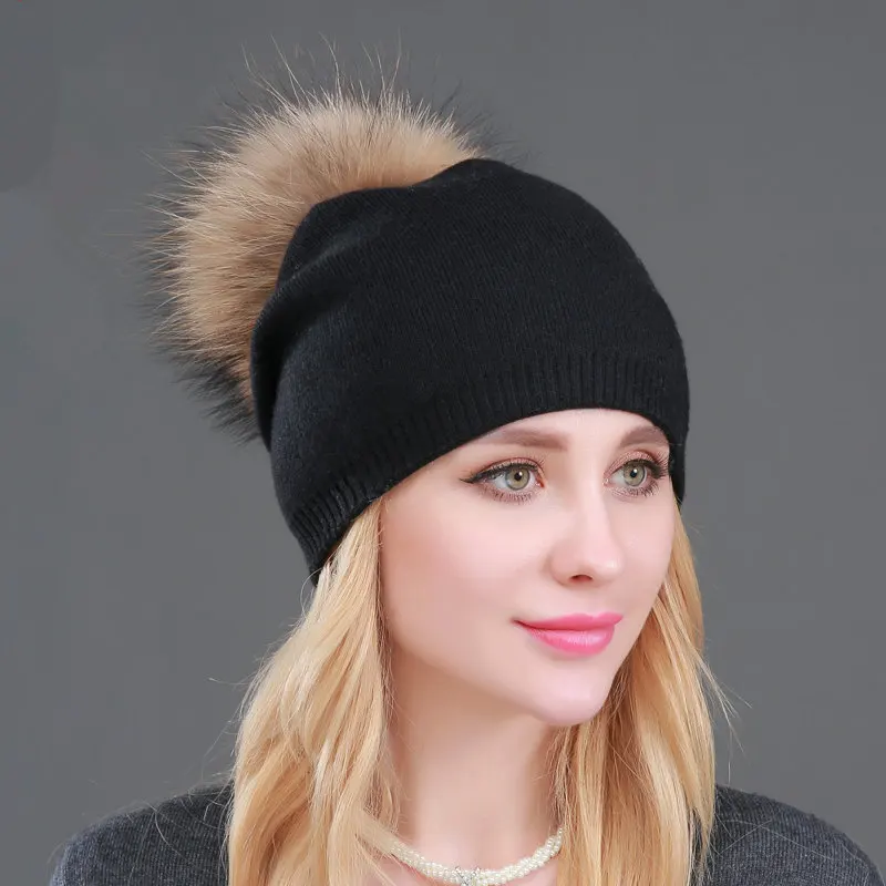 High Quality Women Dual layer Wool Knitted hats with big Real Fur Pompoms Warm Slouchy beanies hat ladies Fashion Skullies