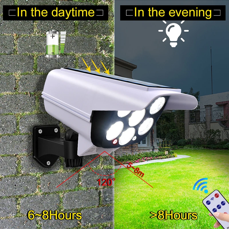 Solar Light Motion Sensor Security Dummy Camera Wireless Outdoor Flood Light IP65 Waterproof 77 LED Lamp 3 Mode for Home Garden 2