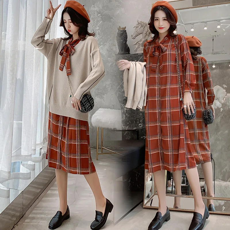 

Pregnant Women Fashion Set Spring And Autumn 2019 New Style Loose-Fit Pullover Sweater + Lace-up Plaid Long-sleeved Shirt Dress