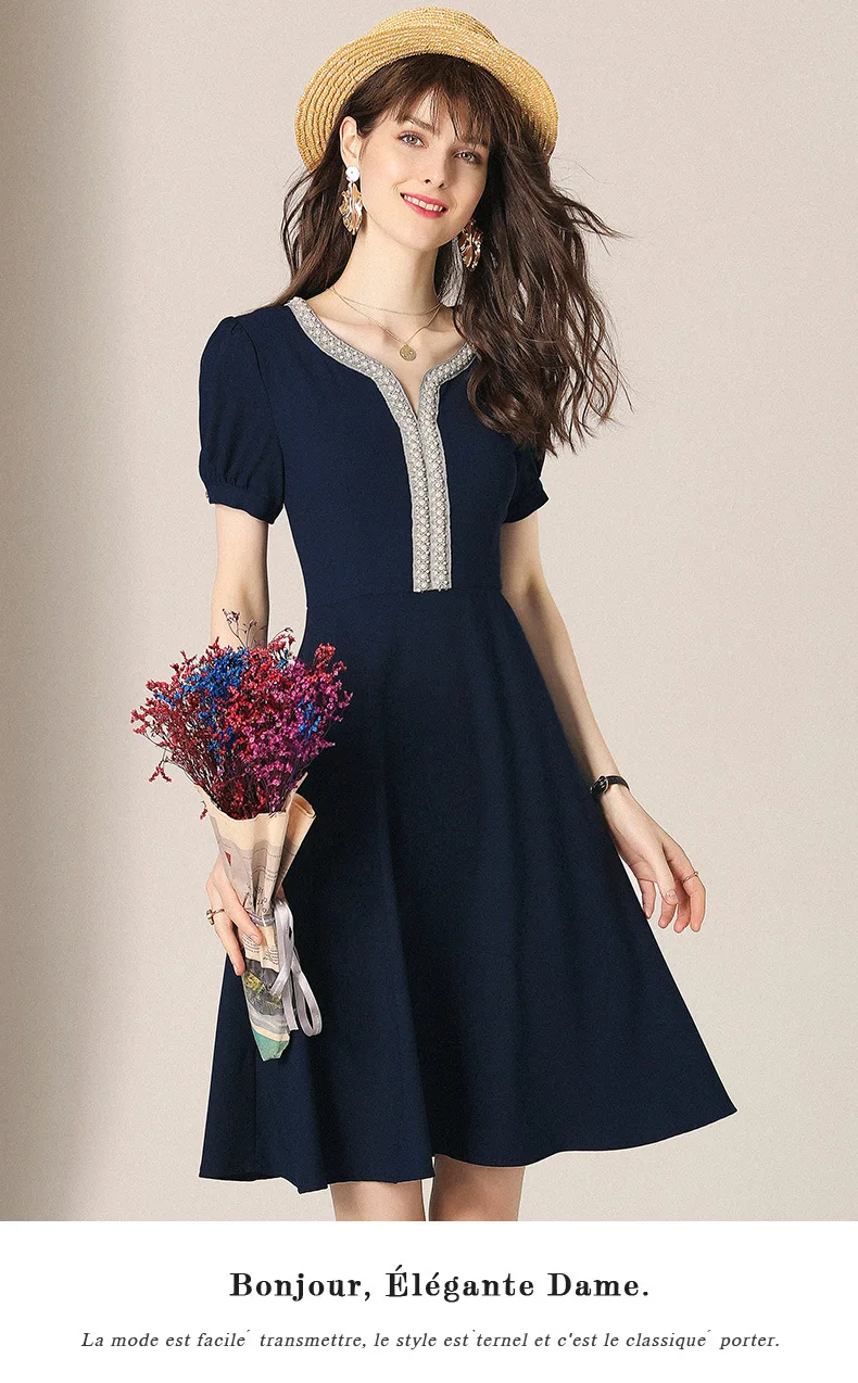 New Fashion Women Vintage V-neck Dress Solid Beading Casual A-Line Dress Female Short-sleeve Elegant Dress