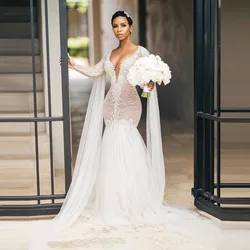 YiMinpwp Lace Mermaid Wedding Dresses Deep V Neck Hollow Back Sweep Train Illusion Bodice Appliques Crystal Beads Bridal Gowns