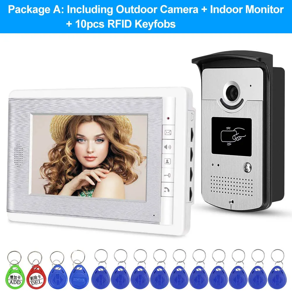 RFID Video Intercom System Door Phone 7inch Color Monitor Screen Video Camera Doorbell Support EM Card Unlocking for Home Villa aiphone jo series Door Intercom Systems