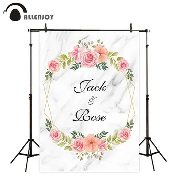 

Allenjoy Wedding Photocall Golden Frame Garland Flowers Leaves Marble Texture Background Cloth Anniversary Event Party Wallpaper