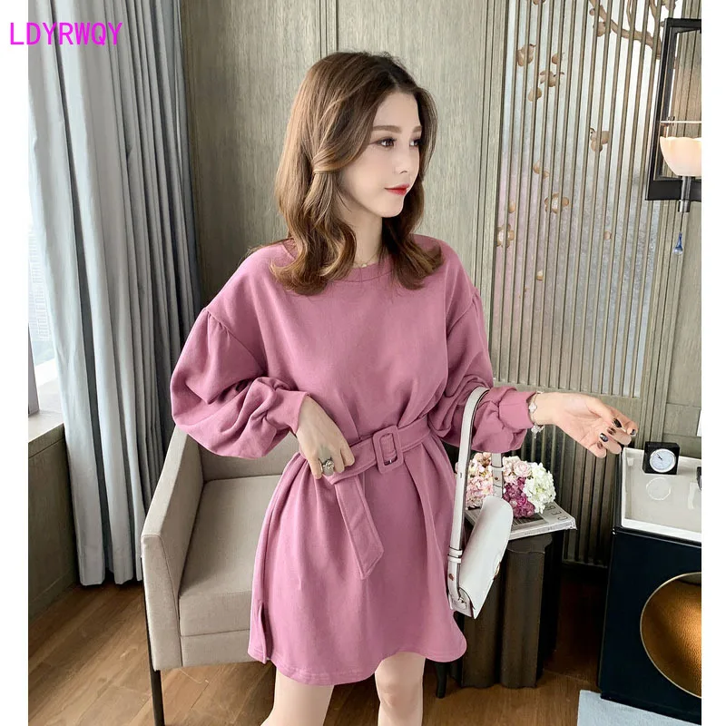 2022 autumn and winter new Korean fashion women's round neck lantern sleeves solid color loose casual tie waist slimming dress