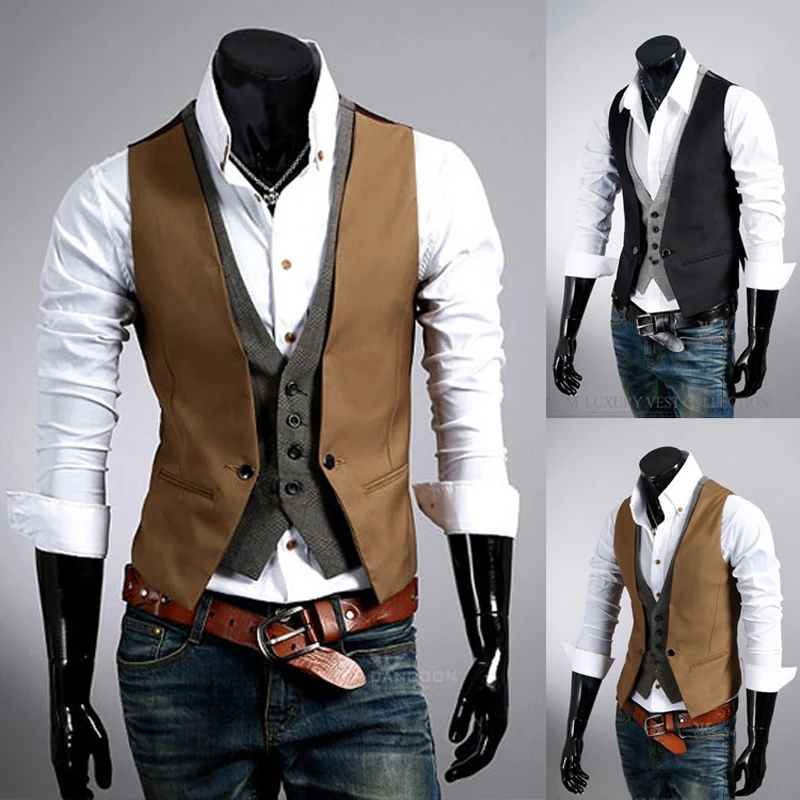 Fake Two Piece Mens Suit Vest Slim Casual Business Gentlemen Men Waistcoat Groomman Wedding Mens Gilet Oversized Steampunk Vests 2
