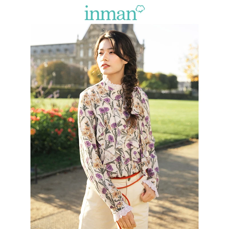 Goede Inman Medium Hoge Kraag Literaire Retro Bloemen Vakantie Stijl Losse Lange Mouwen Vrouwen Blouse