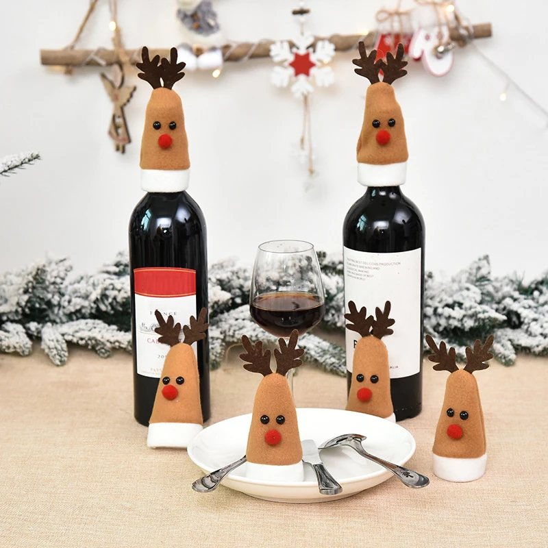 Momangel Cute Doll Christmas Wine Bottle Cover Drawstring Bag Party Dinner Table Decor Gifts Reindeer 