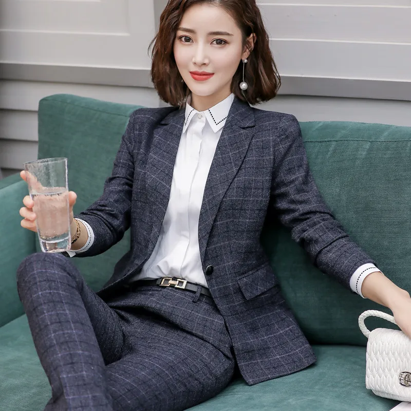 blue pant suits Костюм женский брючный костюм женский костюмы женские женский костюм Офисный женский клетчатый костюм Женская деловая Спецодежда осенне-зимние брюки костюмы женский комплект из 2 предметов Блейзер брюки 4XL XXXL XXL XL - Цвет: blue pant suits