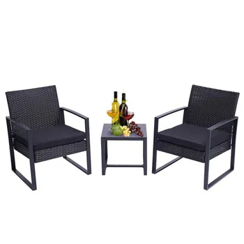 

Wicker Patio Chair Table Set with Cushions 3pcs Outdoor Black Modern Fashion Comfortable Seat Coffee Table Yard Bistro Furniture