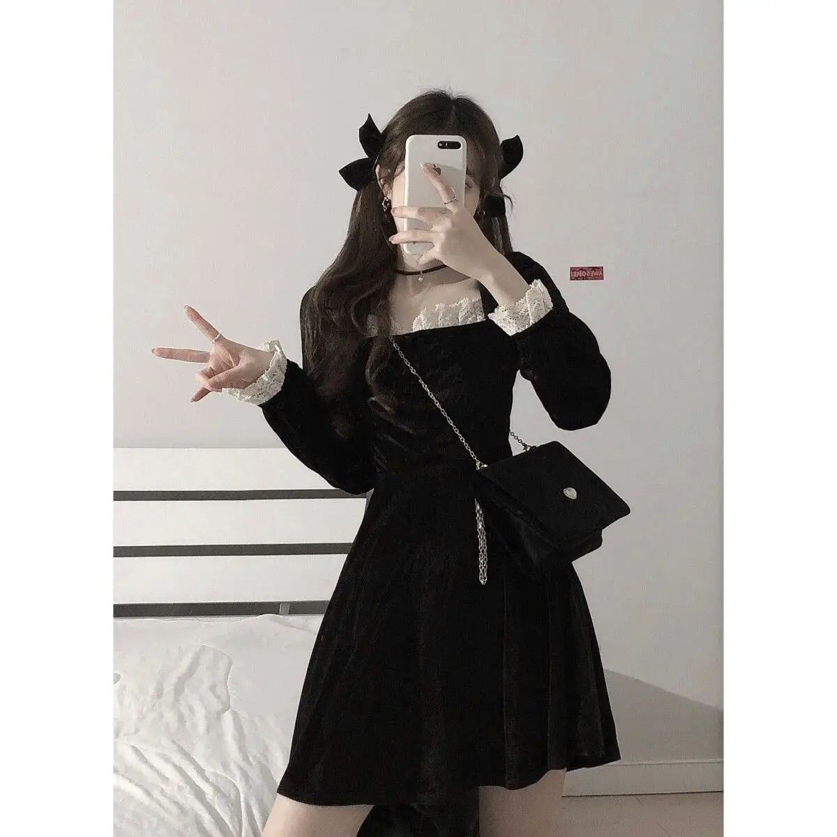 Black Dress Women Patchwork Gothic Dark Long Sleeve Mini Square Collar Preppy Style Temperament Spring Fall Vintage Slim Vestido summer dresses for women