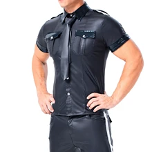 Mens Male Military Police Tops Faux Leather Short Sleeve Button Down Shirt Policeman Uniform Tops Club Party Bar Clubwear