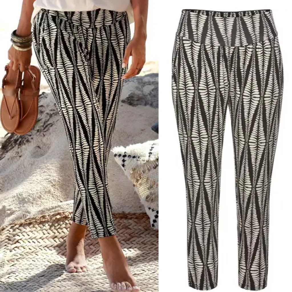 

2019 Bohemia Pants Women High Waist Printing Easy Trousers Ladies Long Pants Pockets Elastic Band Plus Size Full Beach Wear