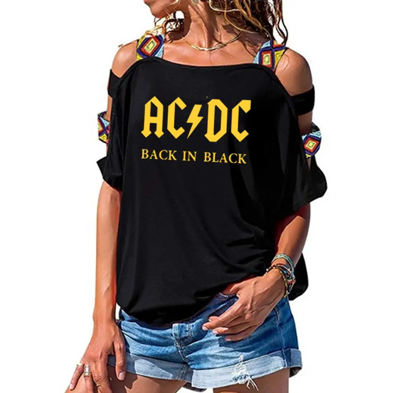 3 Группа ACDC футболка в стиле рок женские ACDC с буквенным принтом футболки хип-хоп рэп музыка короткий рукав сексуальные открытые плечи топы тройник - Цвет: 3