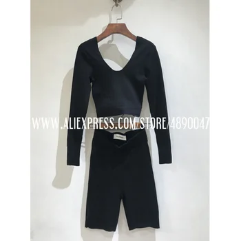 

Fashion sports suit ladies casual top shorts suit outdoor sports suit Sexy slim U-neck webbing sweater + pants Two-piece set