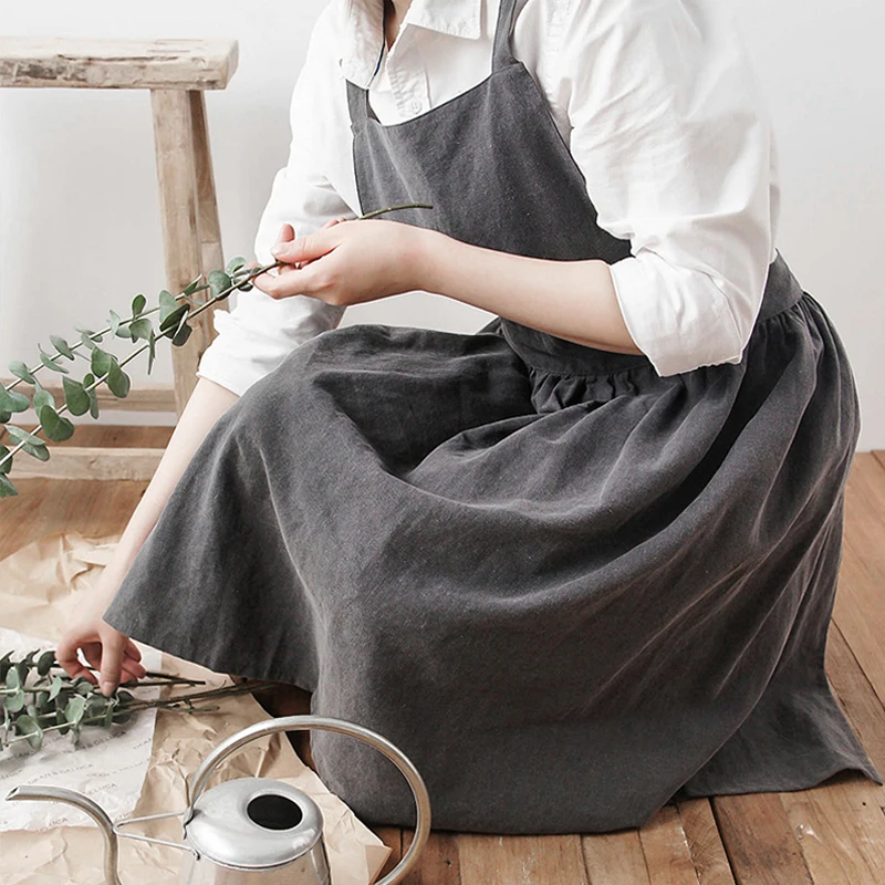 Retro American Lady Women Apron Cotton Linen High-grade Kitchen Apron For Cooking Baking Restaurant Photography Prop Solid Color