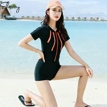 

Swimsuit Women's Sports Short Sleeve Shorts Large Size Swimwear Push Up Bra Beach One Piece Swimsuit Zipper Surf Suit 2020 Newes