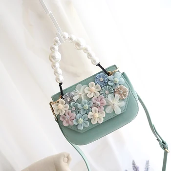 

Colorful Artificial Flower Handbag Pure PU Leather Pearl String Top Handle Crossbody Shoulder Bag Sweet Lady Purse Handmade