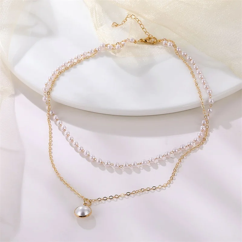 Vienkim 2020 New Double Layer Chain Gold Color Choker Necklace Women Korean Style Pearl Pendant Necklace Fashion Jewelry Collar