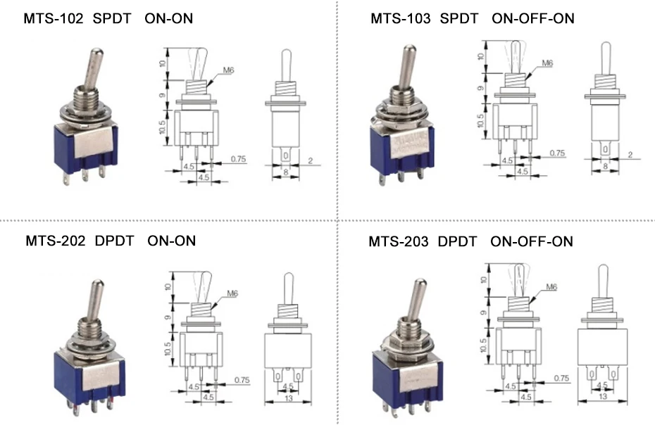 5 шт. 10 шт. MTS-102 103 MTS-202 203 тумблер 6A 125VAC on SPDT 6 мм мини-переключатель DPDT on off on водонепроницаемая крышка