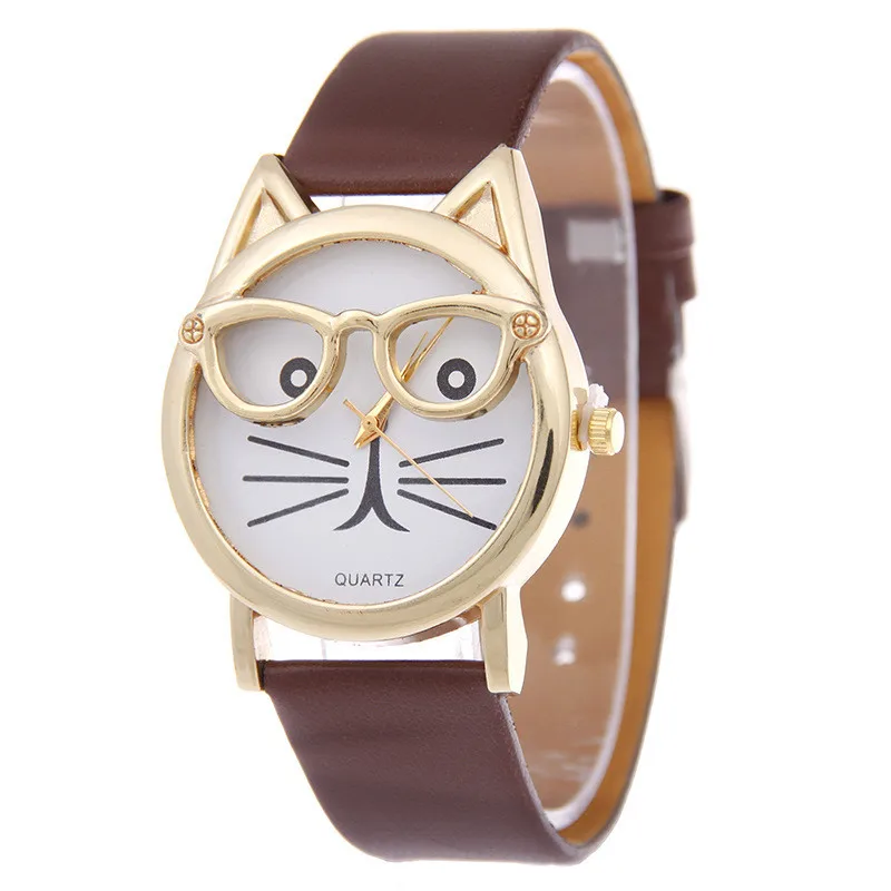 Women Watches 2019 Creative Personality Unique Dial Design Cat with Glasses Watch Quartz Clock Wristwatch Zegarek 4