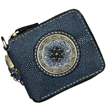 

Unisex handmade leather wallet Short zipper pearl fish skin coin purse Chinese style leather clutch clutch