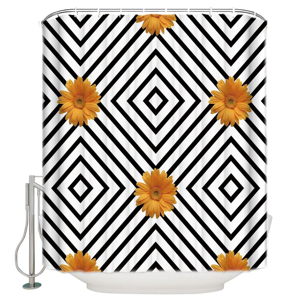 Geometric Design Background Yellow Chrysanthemum Bathroom Shower Curtain Set with Hooks