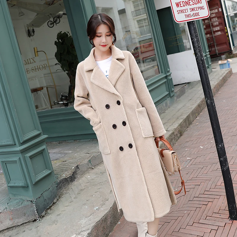Najtaniej 2019 nowe ziarno kaszmirowy płaszcz kobiet długi odcinek podwójne piersi pełna rękaw luźne związek futro jagnięce futro trawa płaszcz fala S XL