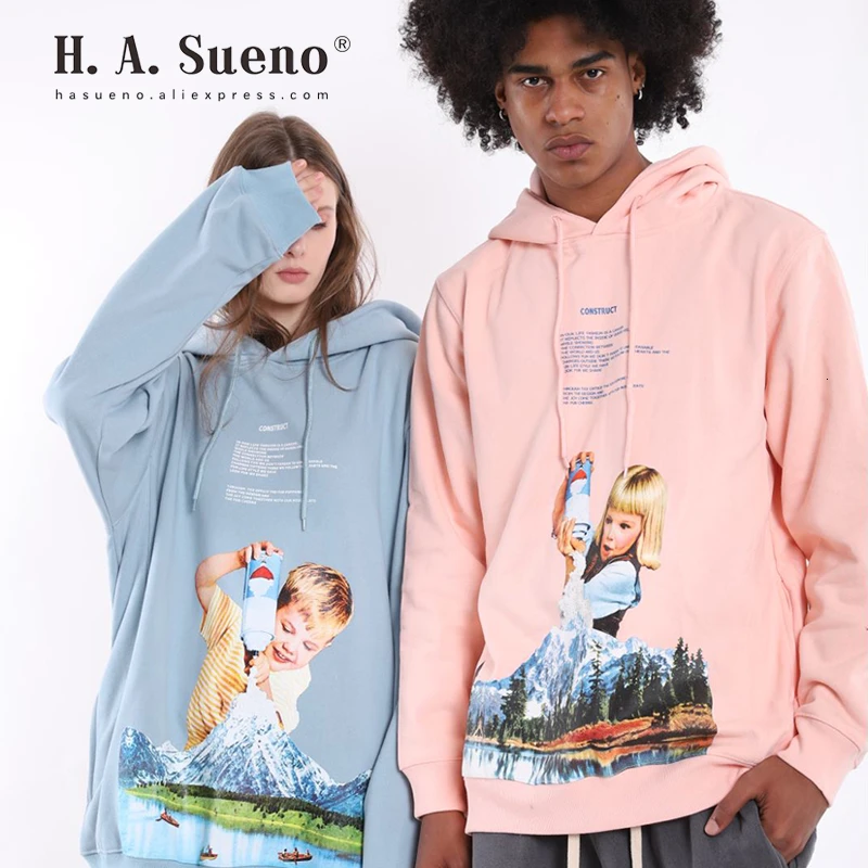 H.A.Sueno Hip Hop Oversized Mens Sweatshirts Vintage Style Couple's Hoodies Funny Print Mens Hoody Drop Shipping /7