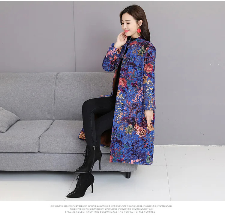Photo Shoot Autumn And Winter New Style Large Size Retro Printed Cotton Linen Brushed And Thick Frog Overcoat Cotton Overcoat Ct