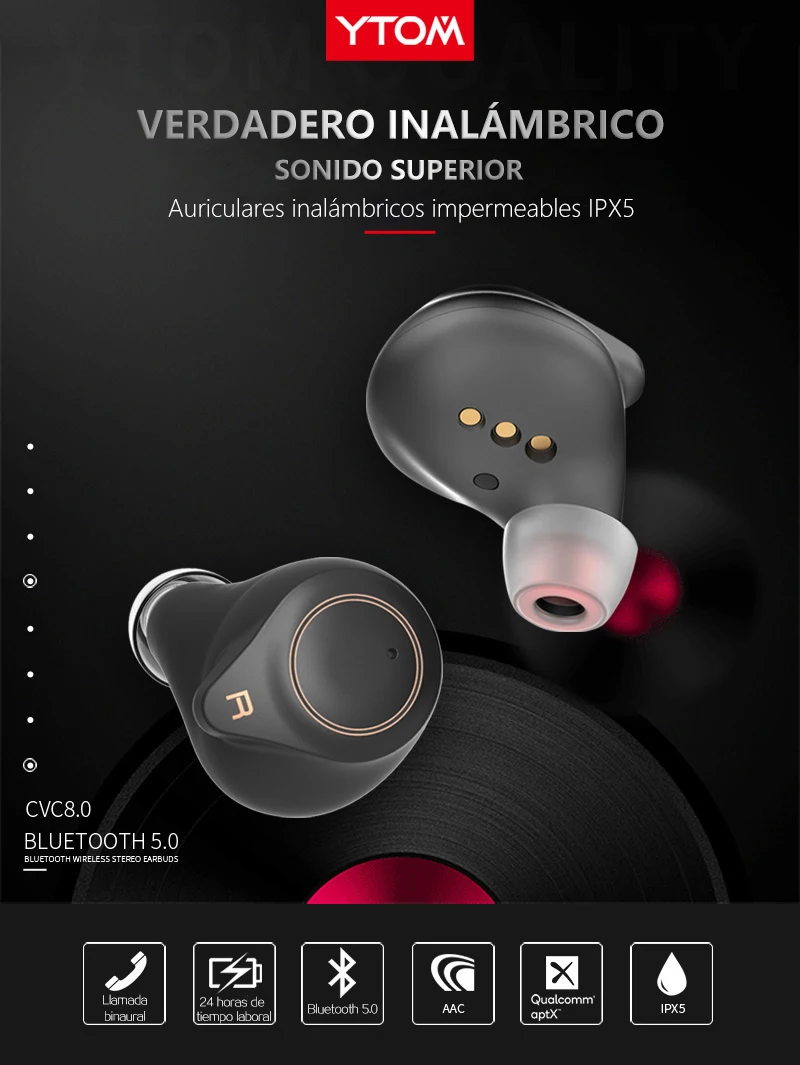 YTOM T1 S AptX ACC TWS Беспроводная связь Bluetooth 5,0 AuricularES CVC8 cancelacion de ruido con auriculares Super Bass
