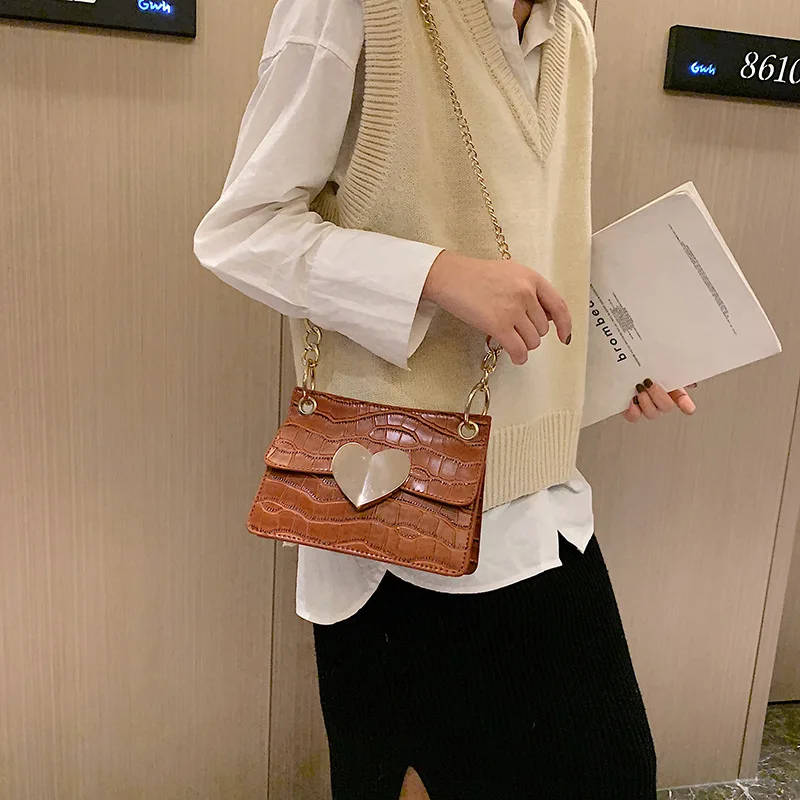 

Chain WOMEN'S Bag 2019 New Style Stone Pattern Shoulder Bag Heart Shape Shoulder Square Sling Bag Elegant Mini WOMEN'S Bag Chain