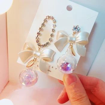 

MENGJIQIAO Korean Fashion Asymmetric Acrylic Bowknot Drop Earrings For Women Girls Elegant Cute Glass Ball Brincos Jewelry