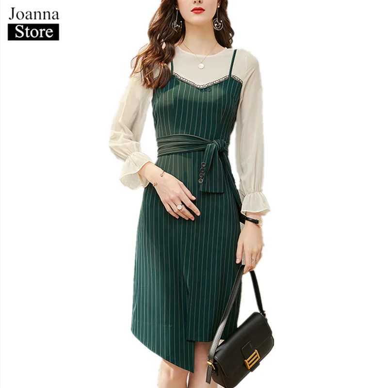 

Spring Chiffon Stitching Stripe Irregular Long Dress Women O-Neck Long Sleeve Belt Vintage Slim Dresses Green Plus Size Clothes