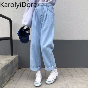 Dei Jeans Delle Donne Solido Dell'annata di Alta Vita pantaloni Larghi del Piedino Pantaloni In Denim Semplice Studenti All-fiammifero Allentato di Modo di Harajuku Delle Donne Chic casual