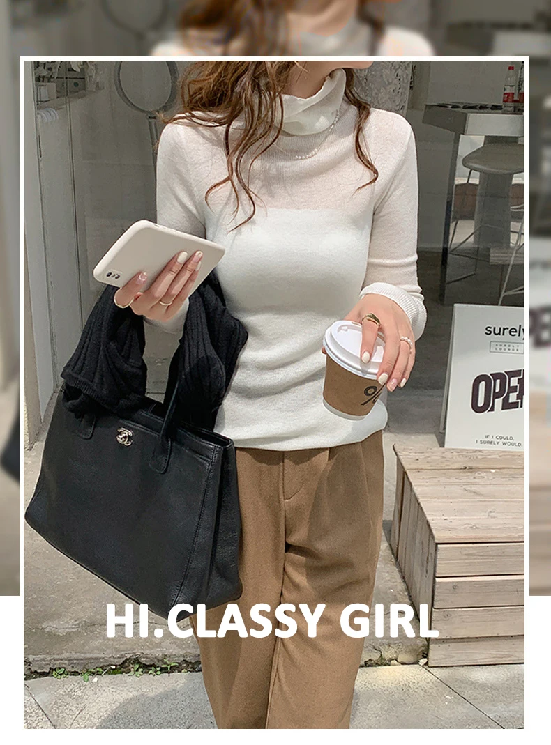 red sweater High Collar Hit Autumn and Winter New Style Sweater Women 's 2022 Solid Color Versatile Slim Fit Women Sweetshirts Traf Y2k brown cardigan