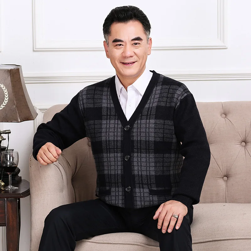 

Middle-aged Men V-neck Wool Cardigan Button down Long Sleeve Knit Low Waist Jersey Fashion Elderly People Large Size Knitted Coa