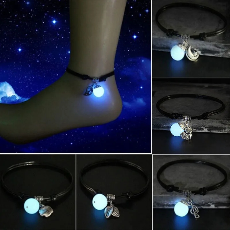 

Luminous Sphere Stone Cord Anklet Glow in Dark Notes Wings Peanut Pendant Decor
