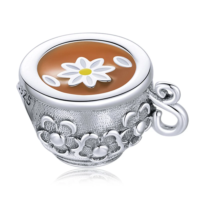 Tea Cup Charm with Flower Design 925 Sterling Silver Coffee Mug Charms Beads Fit Women Christmas Gift Bracelets Jewelry | Украшения и