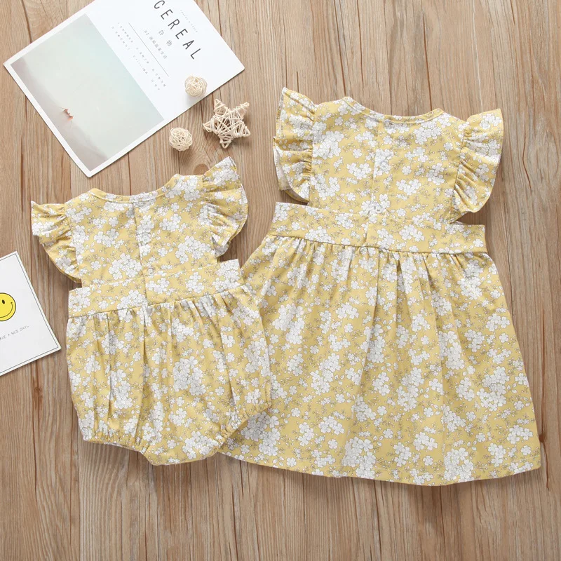 

H1063 # New Style Summer INS Children Sisters Set Printed Baby Twins Sisters Jumpsuit Romper Skirt