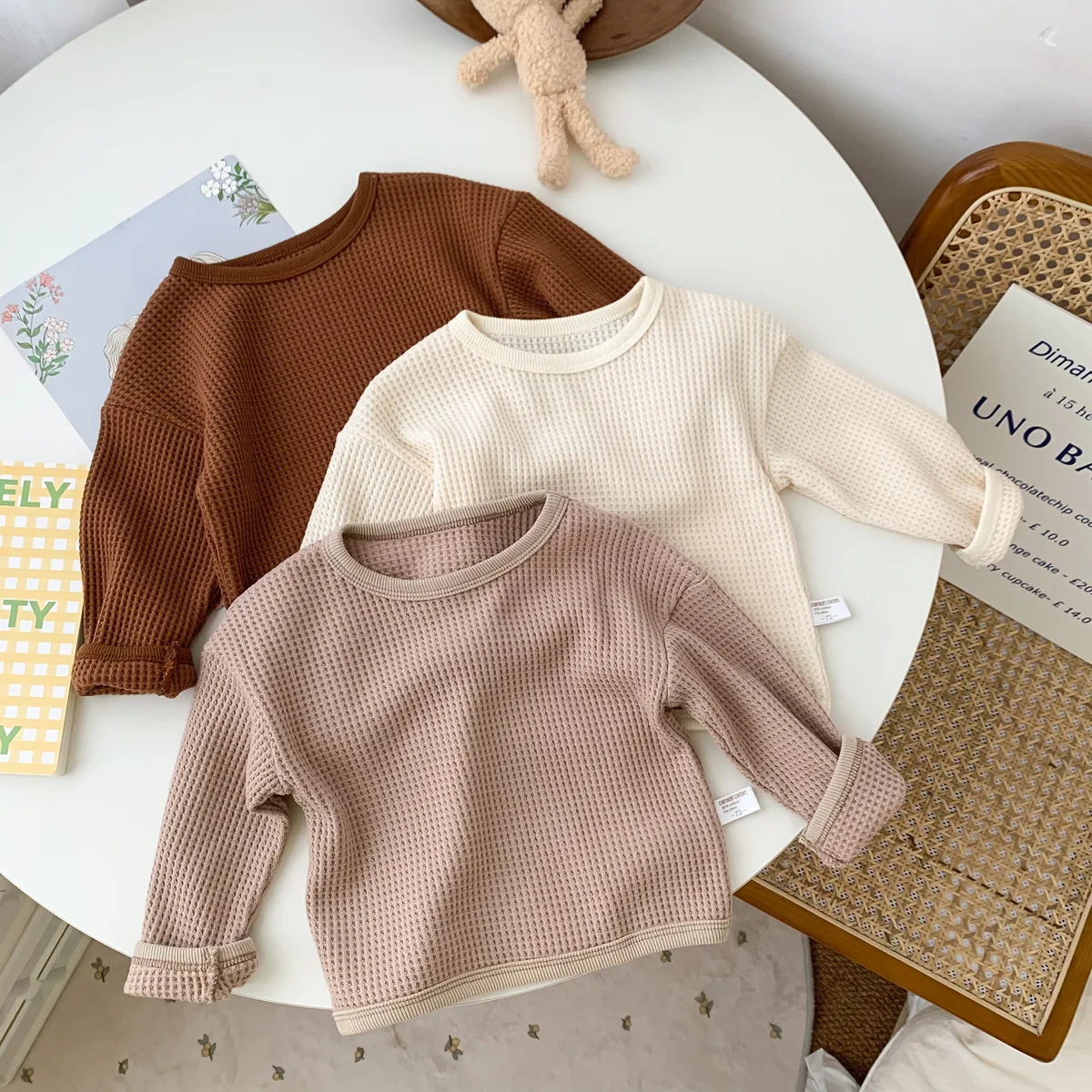 9797B Baby Clothes Korean Baby Waffle Tops Spring Autumn New Round Neck Girl T-shirt Sweater Coat Girl Thick Waffle Tops