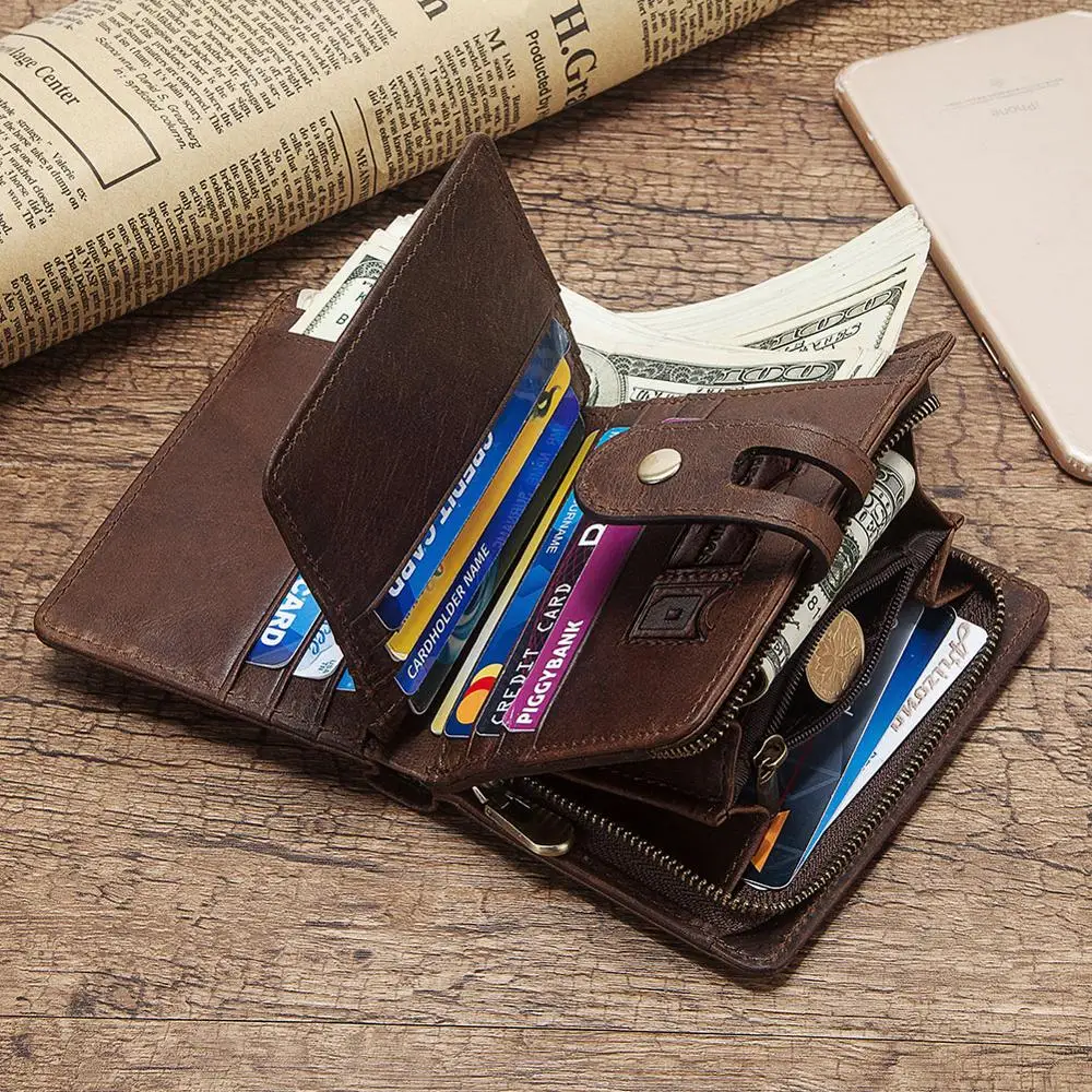 

HUMERPAUL genuine leather RFID vintage men wallet with coin pocket Short hasp zipper wallets brand with card holders top quality