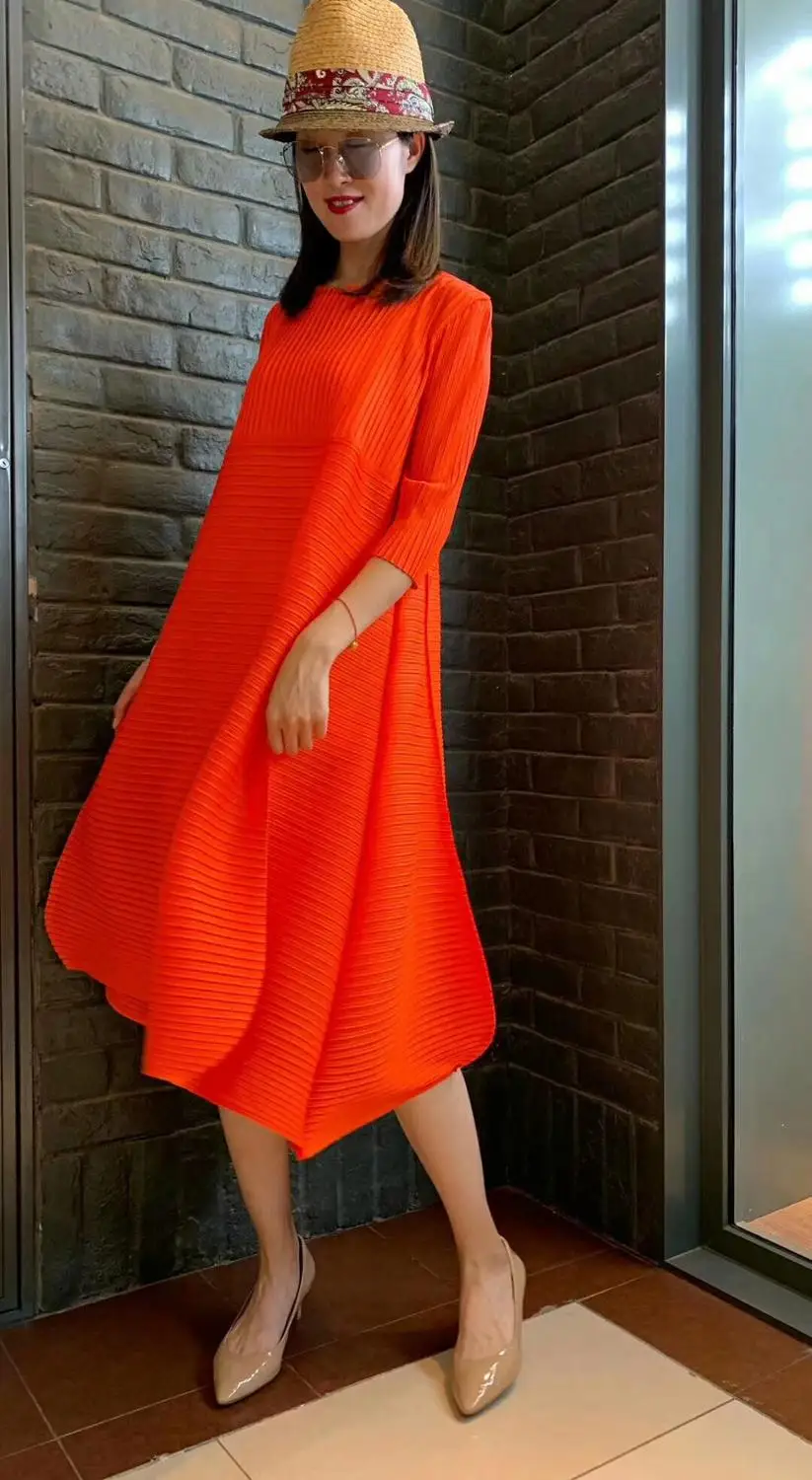 Горячая Miyake fold в женское леопардовое платье с круглым вырезом три четверти рукав бутон платье