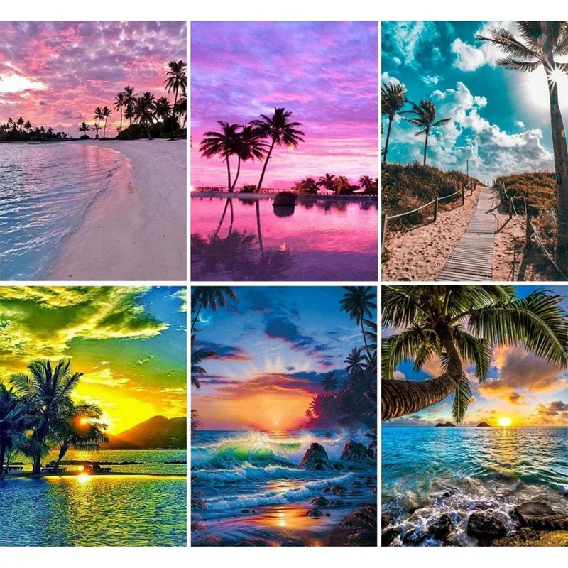 6 Pack 5D Diamond Painting By Numbers Art Dotz Kits Full Drill for Adults Kids Beach Sea Holiday Palm Tree | Дом и сад