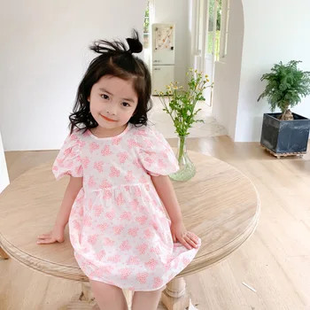 

Little Girls Dress Puff Sleeve Dresses Kids Cotton Clothes New Summer Baby Floral Printed Dresses for Girls Princess Girl Dress