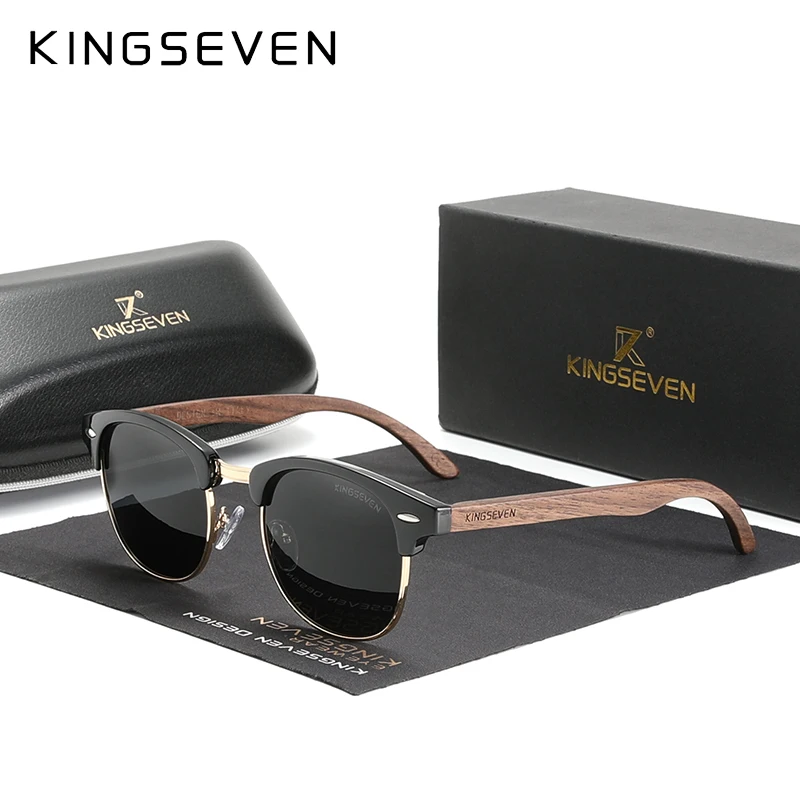 KINGSEVEN Handmade 2021 Black Walnut Wooden Sunglasses Men Polarized UV400 Protection Semi Rimless Retro Eyewear Women Oculos