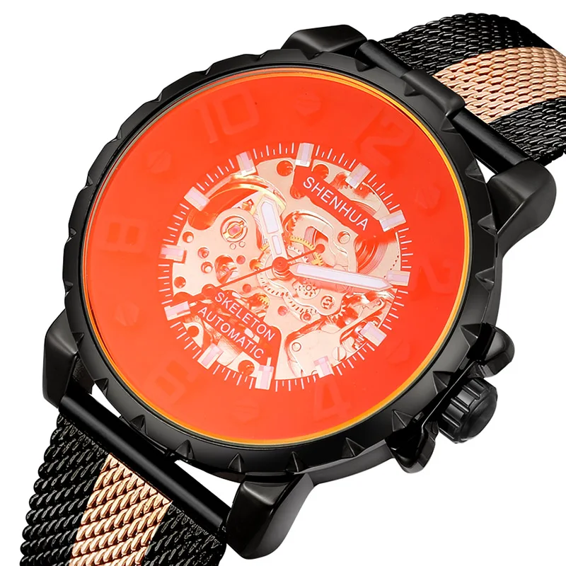 

new fashion mens watches gear dial mesh with transparent skeleton wristwatch for men automatic mechanical watches mens Shenhua