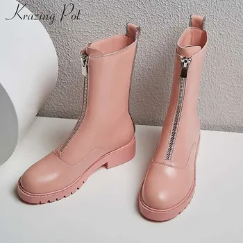 

krazing pot new noble soft velvet boots square toe med heels winter warm classic brand mid-calf boots L18